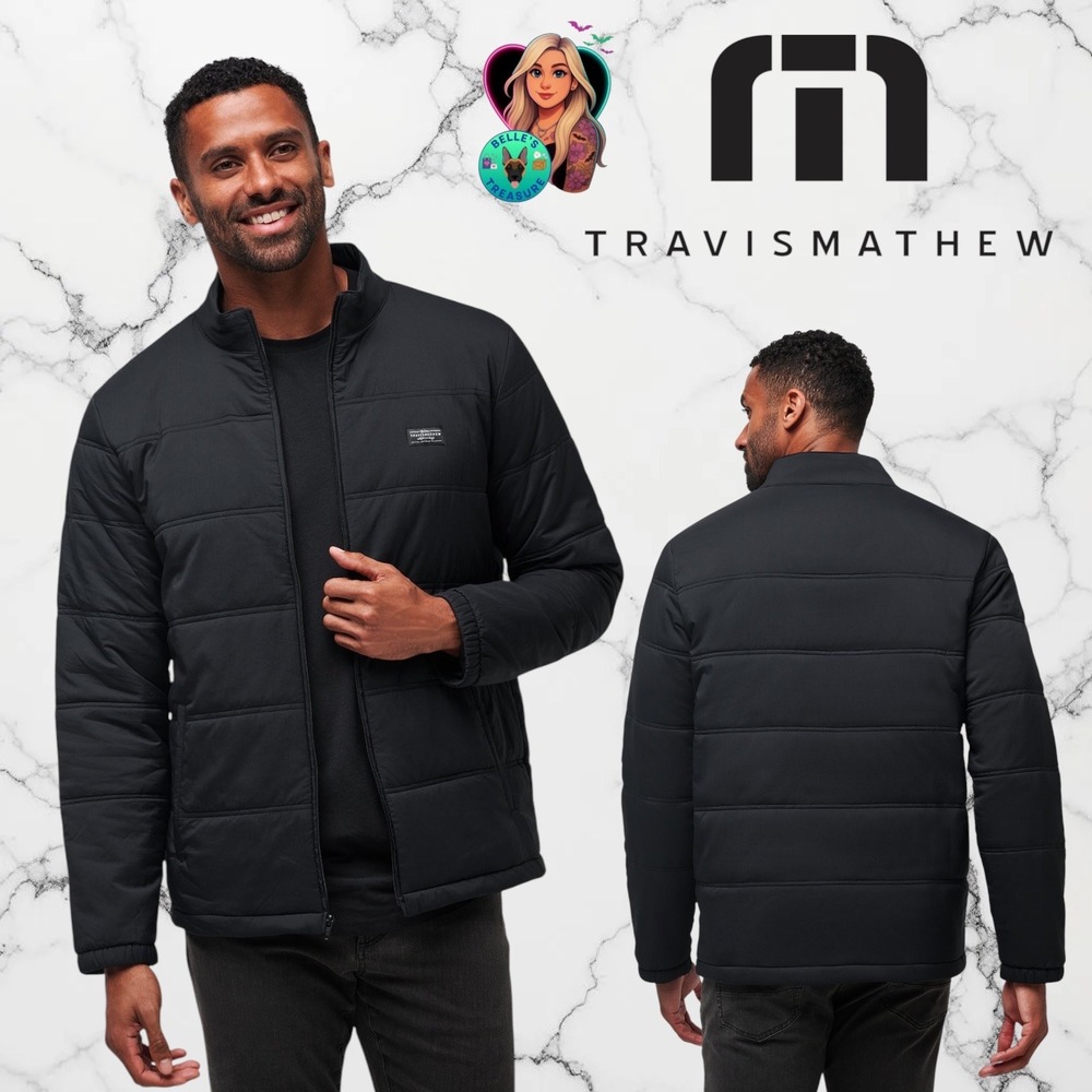 TravisMathew Mens Large Palisades Puffer Jacket Black Full Zip Quilted Golf Coat